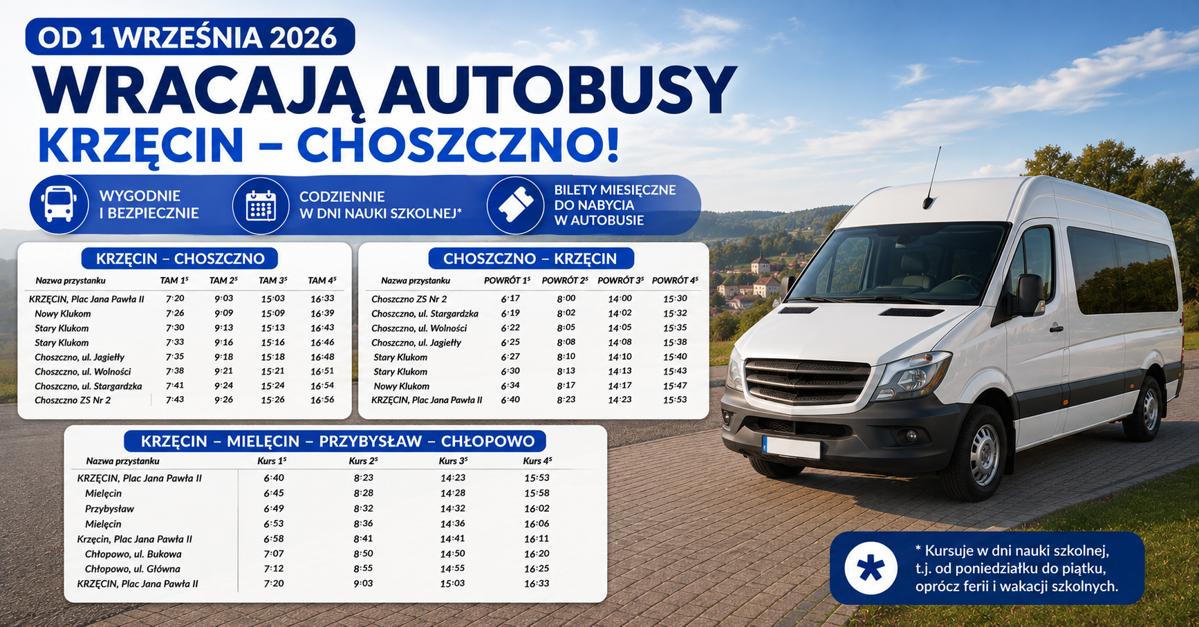 Od 1 września wracają autobusy na trasie Krzęcin–Choszczno. To ważna informacja dla uczniów